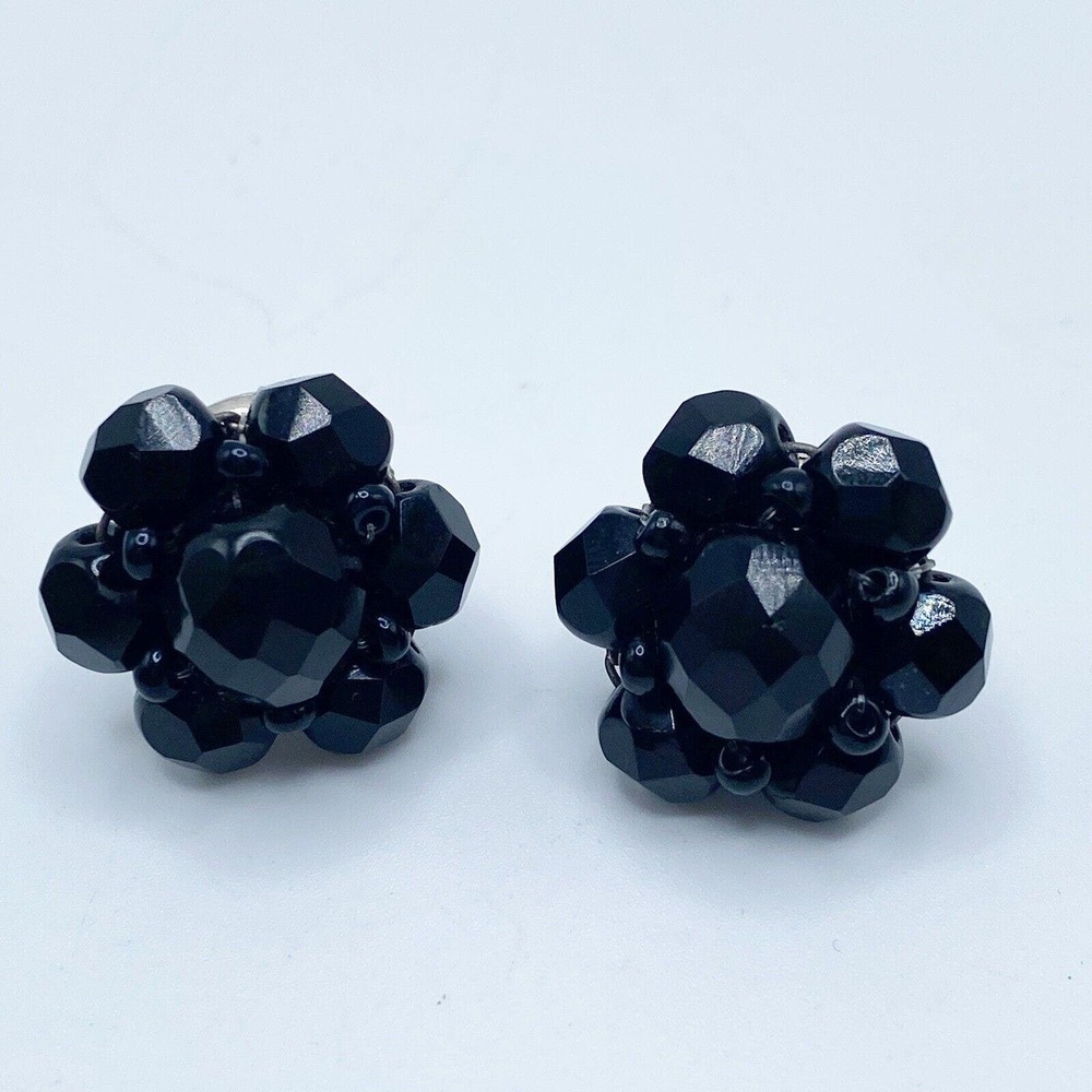 Vintage Austria Black Faceted Glass Triple Strand Necklace Pierced Earrings Set - Picture 8 of 14
